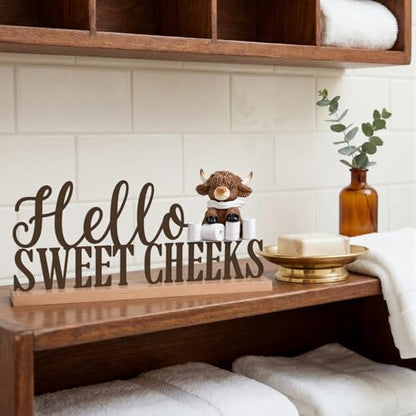 Roowest Meatal Hello Sweet Cheeks Sign Highland Cow Bathroom Decor - style: Highland Cow