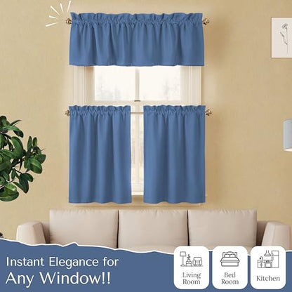 Native Fab 3 Piece Window Curtain Tiers 26"x36" and Valance 54"x18" Set - Rod Pocket - Semi Sheer - Short Curtain for Kitchen, Cafe, Living Room - Sky Blue - color: Sky Blue