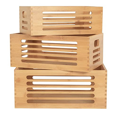 ANMINY Wood Storage Bins Crates, Nesting 3PCS, Mortise-Tenon - color: Wood - Hollow Stripe