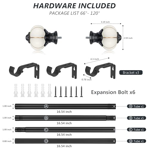 Ceramic Curtain Rods for Windows 66 to 120 Inch 1 Inch Adjustable - color: Black Beige, size: 66"-120"