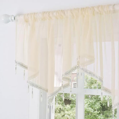 Molaxhome Swag Curtain Scalloped Curtain Valance Drape Sheer Lace Panel 1pc - color: Beige