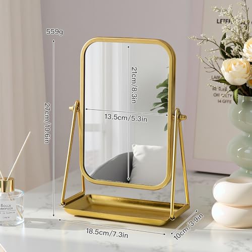 Gold Desk Mirror with Storage Rectangular Tabletop Vanity Mirror - color: Rectangular-gold