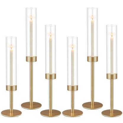 6Pcs Hurricane Glass Candle Holders Gold Candlestick Holders Taper Candle Holder with 9.8" Windproof Clear Cylinder Covers for Outdoor Indoor Tall Candle Stick Holder Decor for Wedding Party Fireplace