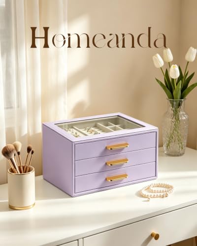 Homeanda Jewelry Boxes Organizer with Glass Lid, 3-Layer PU Leather, Purple - color: Lavender Purple, size: 3 Layer