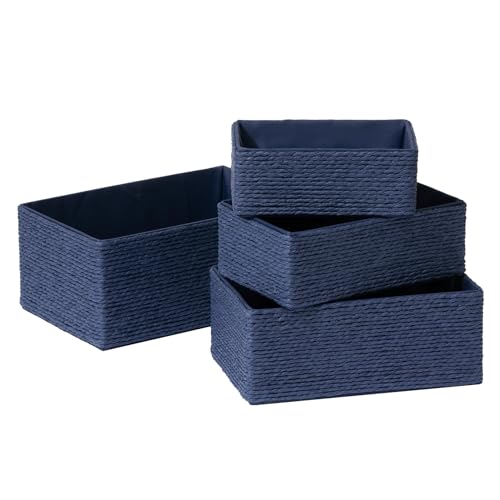 LA JOLIE MUSE Bathroom Basket Organizers, Paper Rope Storage, Blue 4 Pack - color: Navy Blue