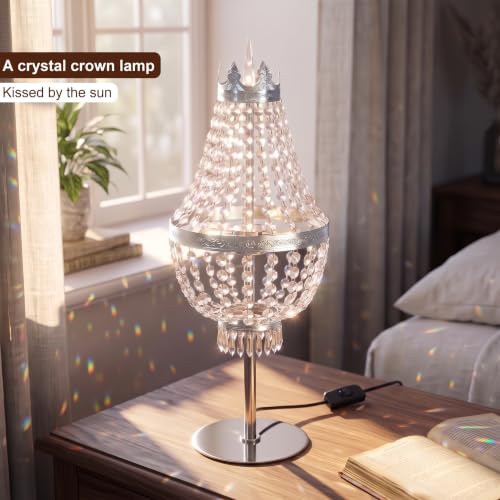 25.6in Height Clear Crystals Table Lamp for Living Room,Modern Tall Bedside Lamp for Bedroom Living Room Study Room (Chrome Crown) - color: Chrome Crown