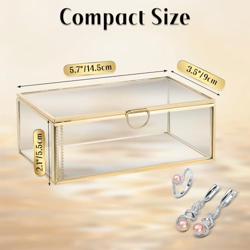 MYFULLY Vintage Gold Glass Jewelry Box with Lid (5.7 x 3.5 x 2.1 inch) - size: 5.7 x 3.5 x 2.1 inch