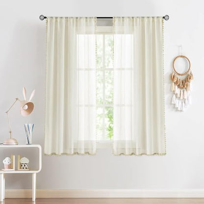 Pom Pom Linen Sheer Curtains for Living Room 63 Slub Textured Natural Beige - color: Natural, size: 52"W x 63"L (Pack of 2)