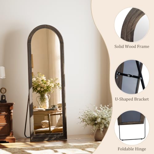 65"x22" Arched Full Length Mirror with Solid Wood Frame, Brown - color: Dark Brown, size: 65"L x 22"W
