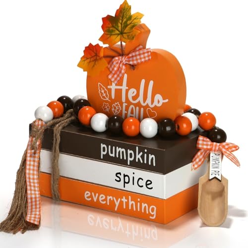 Fall Decorations for Home 5PCS Wood Faux Book Stack and Pumpkin Sign - color: Faux Book and Pumpkin
