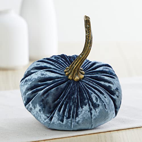 Your Heart's Content Set of 4 Small Velvet Pumpkins (Sm 2Indigo Navy Ivory) - color: Sm 2indigo Navy Ivory