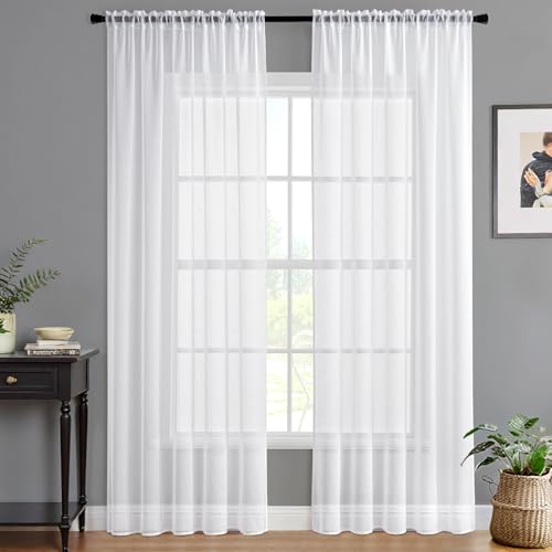 MIULEE Semi White Linen Textured Sheer Curtains 54W×96L Rod Pocket 2 Panels - color: White, size: 54"W x 96"L (Pack of 2)