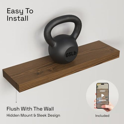 Solid Wood Floating Shelves for Wall 24 Inch Walnut, Wooden Bathroom Shelf - color: Walnut, size: 24 Inch