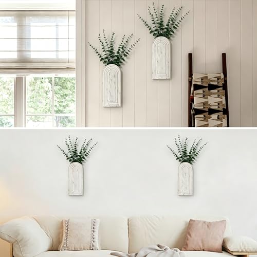 Handmade Wooden Wall Vases Set of 2 for Plants - color: Washed White