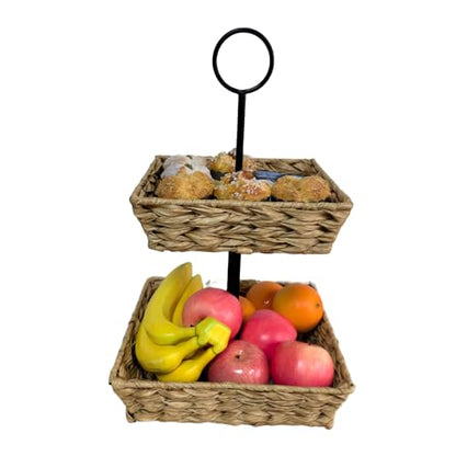 2 Tier Wire Fruit Basket with Rattan | Square Metal Standing Baskets| Handwoven Fruit and Vegetable Storage Organizer |Stackable Candy Organizer|Multi-Function Snack Rack&Shelf for Chips