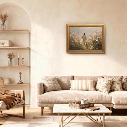 Gold Framed Jesus Wall Art Jesus Leaves The 99 Sheep Pictures 12x16 Inch - color: Jesus, size: 16"L x 12"W