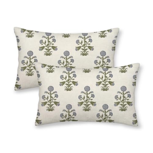 CXMEIFLY Sage Green Blue Vintage Pillow Covers 12 x 20 Inch Set of 2 Boho Floral Outdoor Decor Throw Pillows Neutral Block Print Flower Linen Farmhouse Decorative Pillowcases for Couch Bed Sofa - color: Green Blue, size: 20" x 12" (Pack of 2)