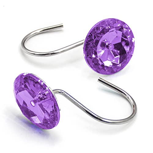 Crystal Diamond Round Shower Curtain Hooks Rings for Bathroom,Purple,12PCS - color: Purple