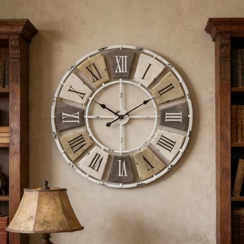 Distressed Metal Wall Clock 16 Inch, Industrial Vintage Roman Numerals, Weathered Iron Frame Farmhouse Office Cafe Decor - size: 16in