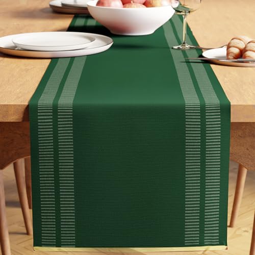Encasa XO Table Runner, Yarn Dyed Ribbed Cotton 13"x94" - color: Ladder Dk Green, size: 13x94 in
