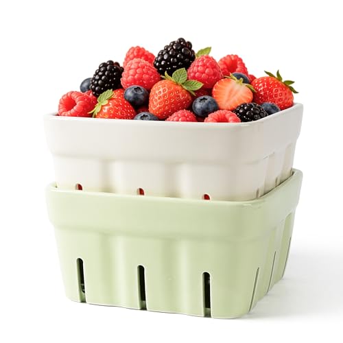 AELS Ceramic Berry Basket, 5.9" Large Size Container for Fruit & Vegetables, Farmhouse Fruit Bowl, Strawberry Decor, Farmers Market, Stoneware Harvest Bowls for Kitchen, Cream White Matcha Latte Green - color: Cream White and Green