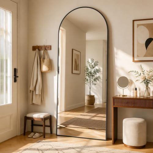 65"x24" Arch Floor Mirror, Full-Length Wall Mirror with Stand - Black, Aluminum Alloy Frame, Ideal for Bathroom, Dressing Room - Hanging or Leaning Arched-Top Design - Full Body Mirror for Bedroom - color: Black, size: 65"L x 24"W