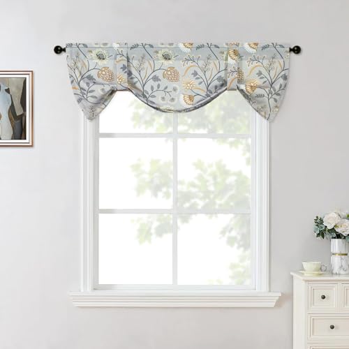 Leeva Grey Floral Tie-Up Valance, Linen Textured, 52 x 18, 1 Panel - color: *M11, size: 52"W x 18"L (Pack of 1, Tie Up)