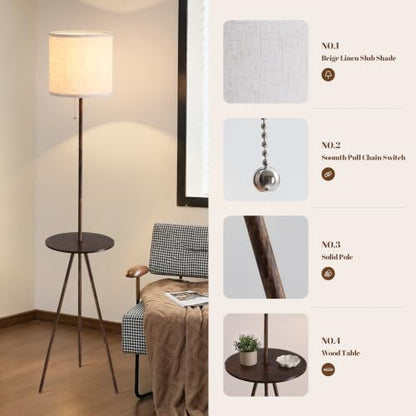 Floor Lamp with Side Table, Linen Shade, Standing Lamp for Living Room - color: Rustic Brown