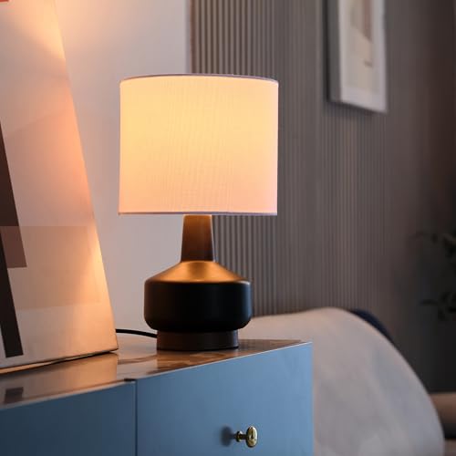 Globe Electric 15" Ceramic Table Lamp, Matte Black Base, Wood-Toned Accent, White Linen Shade, Dual Rotary Switch, Modern Bedroom or Office Lighting, 61000046 - color: Black