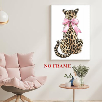 Funky Leopard Wall Art Pink Bow Picture Trendy Cheetah Wall Art Aesthetic Leopard Poster Preppy Cheetah Posters Preppy Bow Paintings Aesthetic Animal Posters for Living Room Dorm 16x24in Frameless - color: Leopard