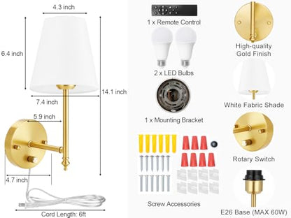 Wall Sconces Set of Two with Remote Control, Dimmable, Adjustable Colors 2700-6500K, Plug in Wall Sconces with White Fabric Shades, Plug in Wall Light, Gold - color: Gold-White