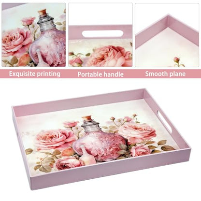 Serving Tray with Handles, 15.7 * 11.8 inches, Plastic Ottoman Tray with Exquisite Paintings, Trays for Coffee Table - color: Pink Vase