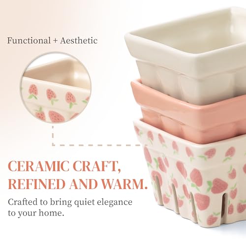 BIEN BEAU Pink Ceramic Berry Bowl with Colander,Set of 4 Strawberry Baskets - color: White,Pink