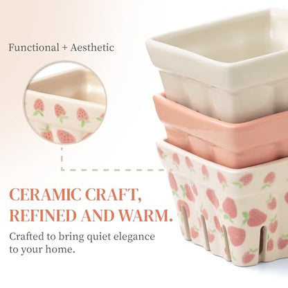 BIEN BEAU Pink Ceramic Berry Bowl with Colander,Set of 4 Strawberry Baskets - color: White,Pink