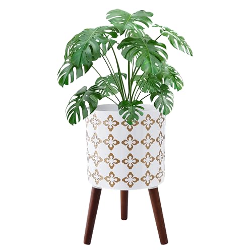 12 Inch Planter Pot with Stand, Planter for Indoor Plants, Modern Large Flower Planter Pot with Drainage Holes for Outdoor, White Gold Floral - color: White Gold Floral, size: 12 Inch