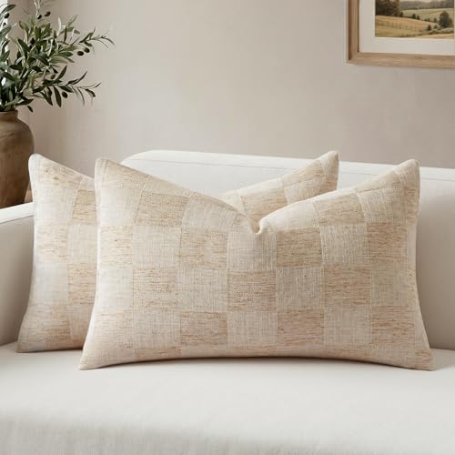 a moment Set of 2 Decorative Linen Throw Pillow Covers,Large Grid Textured Neutral Boho Farmhouse Cushion Covers,Soft Aesthetic Pillowcases for Couch Sofa Living Room Home Decor,20x12 Inch,Natural - color: Natural, size: 20" x 12" (Pack of 2)