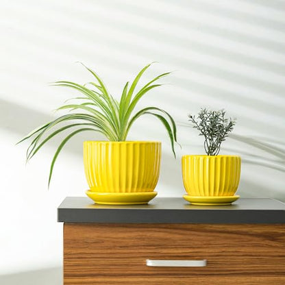 Ceramic Planters,Yellow Plant Pots with Drainage Holes and Saucers Set of 3 - color: Yelllow