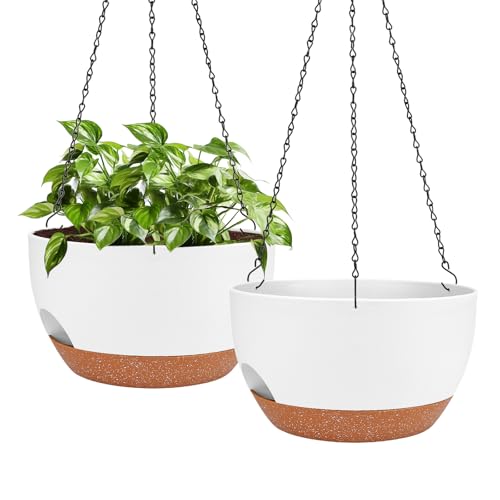 2 Pack 12 Inch Self Watering Hanging Basket Planters for Indoor Outdoor - color: White, size: 12 Inch