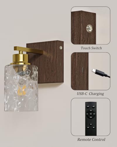 Hammered Glass Battery Operated Wall Sconces Set of Two Gold & Walnut | Dimmable Rechargeable Wall Lights with Remote Timer, Easy Install Lamp for Living Room Bedroom, Emergency 3000K - color: Gold Walnut(Clear Hammered Lampshades)