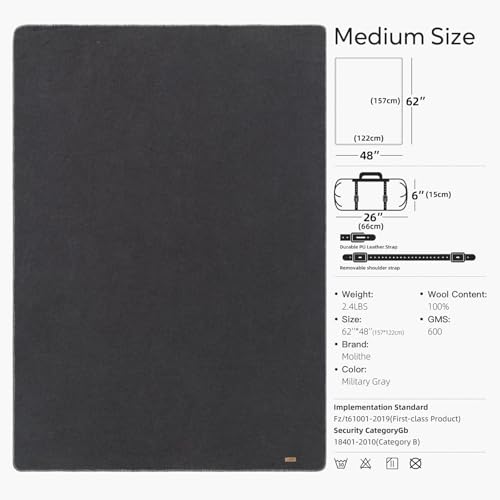 Molithe 100% Wool Blanket, 62" x 48", Warm, Thick, Military, Camping Gear - color: Military Gray, size: Medium