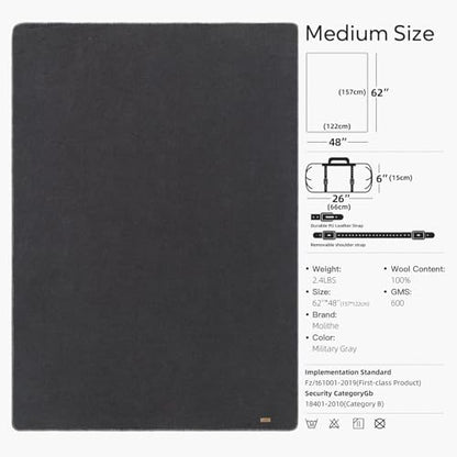 Molithe 100% Wool Blanket, 62" x 48", Warm, Thick, Military, Camping Gear - color: Military Gray, size: Medium