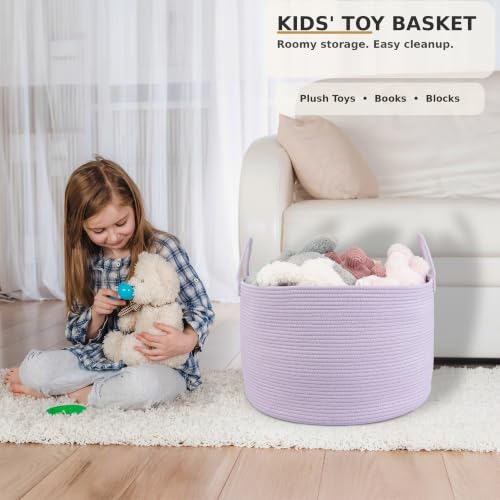 XUANGUO 66L Large Blanket Basket, Round Cotton Rope Basket, Purple - color: purple or lavendor