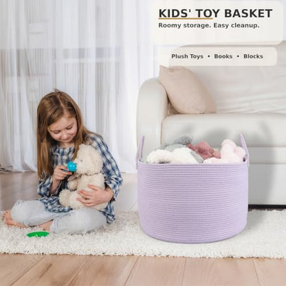 XUANGUO 66L Large Blanket Basket, Round Cotton Rope Basket, Purple - color: purple or lavendor