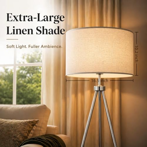 JOOFO Modern Metal Tripod Floor Lamp with Remote, 16.5" Linen Shade - color: Brushed Nickel