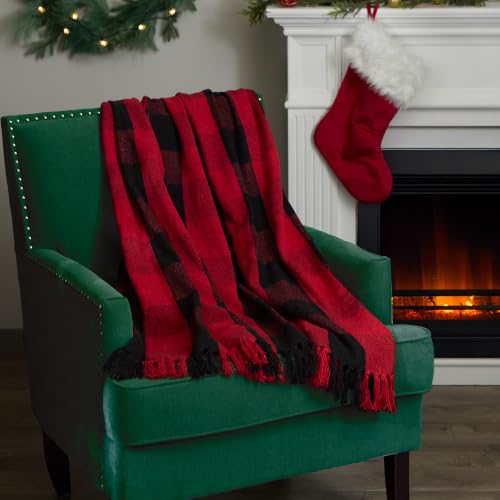 DII Buffalo Check Collection Rustic Farmhouse Throw Blanket with Tassles, 50x60, Tango Red/Black - color: Tango Red/Black, size: 50x60"