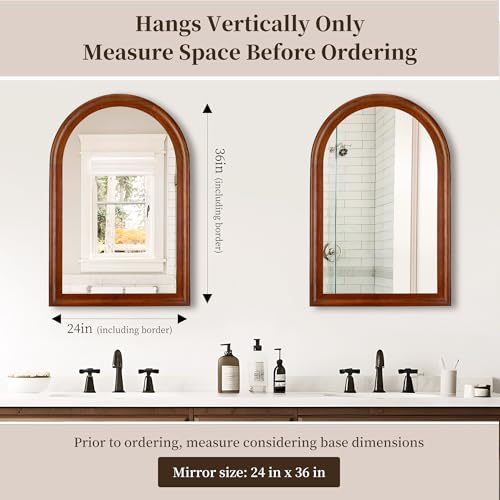 Tanmicoshomy Wood Arched Bathroom Mirror 24 x 36 Inch, Rustic Brwown Frame - color: Brwon, size: 36"L x 24"W
