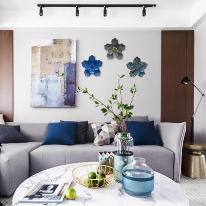 Metal Flower Wall Sculpture, 9.5" Blue Rustic Modern Artwork - color: 02C-Blue