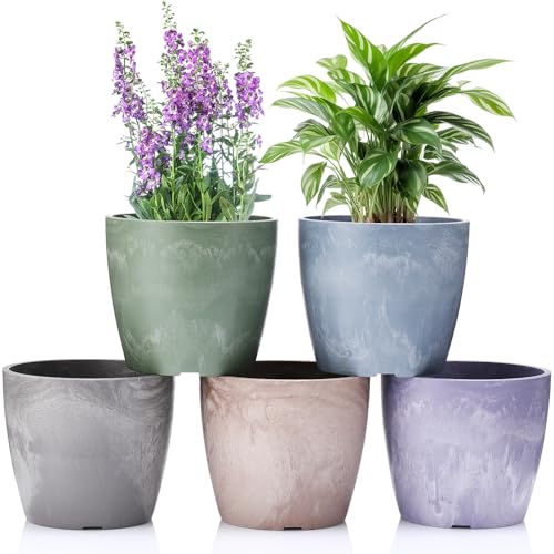 CroBlissful 5 Pack Flower Pots 5 Inch Outdoor Plant Pots for Indoor Marble Pattern Plastic Tree Planters with Drainage Holes Gardening Gifts for Patio Home Garden Desk Decoration