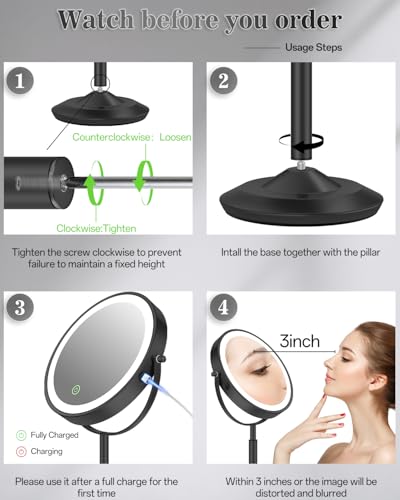 8" Lighted Makeup Mirror with Light,30X Magnifying Height Adjustable Mirror - color: Black