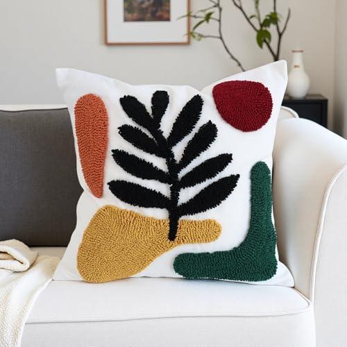 Woven Tufted Boho Throw Pillow Covers 18x18 Inch, Set of 1 - color: Green Botanical Tufted